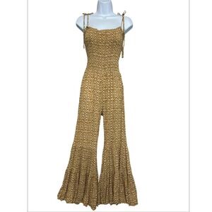 Vestique Yellow White Geometric Sleeveless Smocked Flared Bell Bottom Jumpsuit M